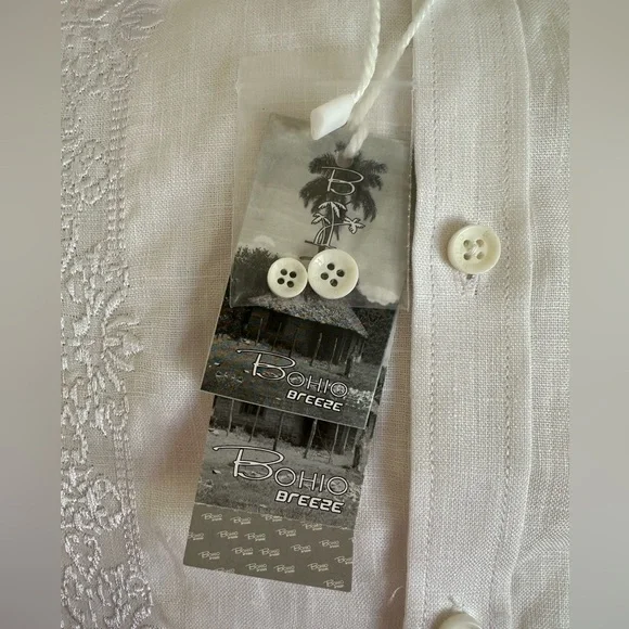 Bohio Men’s White Linen Fancy Guayabera Style Short Slv Shirt Embroidered Large - Picture 6 of 10